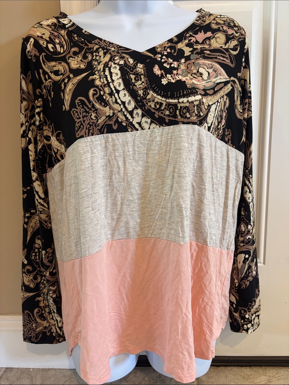 Sew In Love Paisley Colorblock V-Neck Long Sleeve Top in Black, Gray & Pink